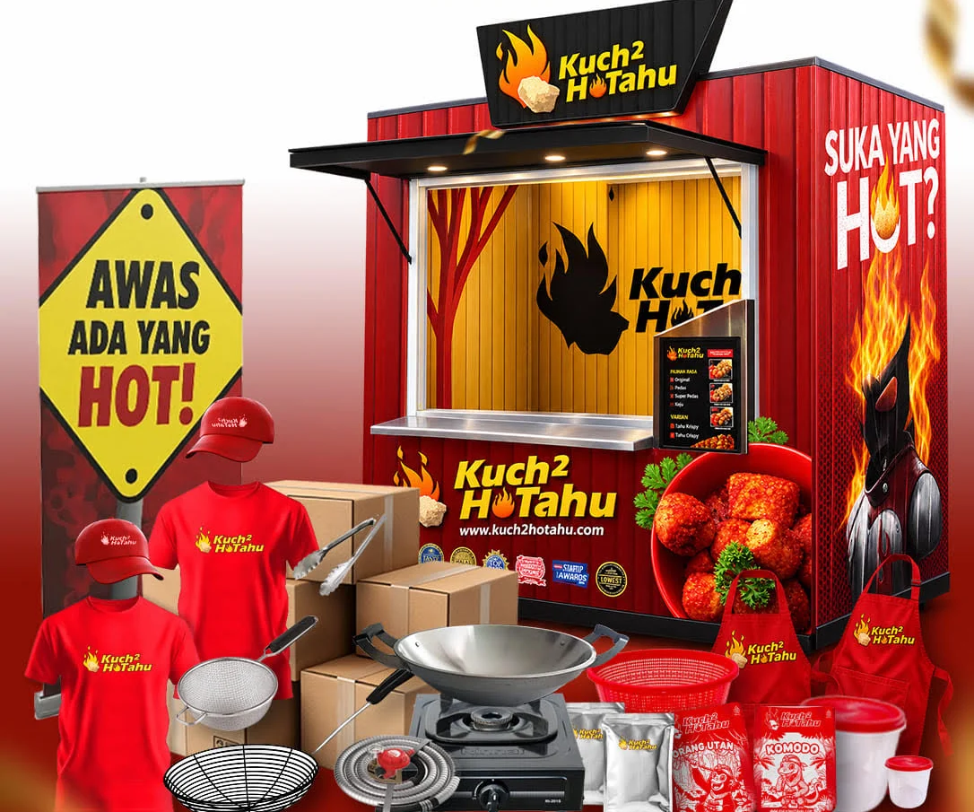 Isi Paket Mini-Kuch Kuch2hotahu: booth Mini-Kuch, roll banner Awas Ada yang Hot, kaos, topi, apron, kompor, wajan, peralatan dan bahan