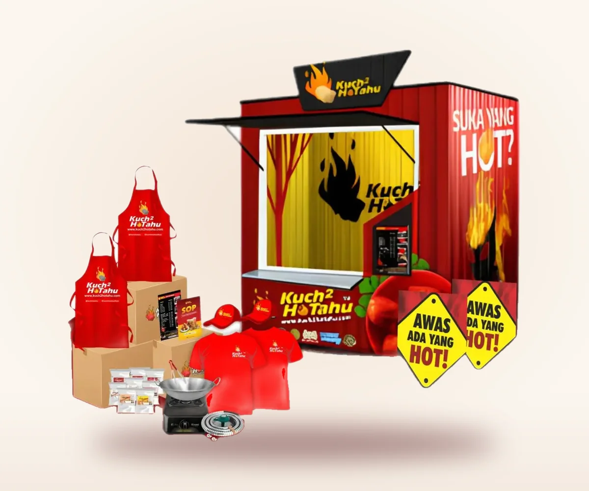 Isi Paket Mini-Kuch Kuch2hotahu: booth Mini-Kuch, apron, kaos, topi, kompor, wajan, bahan dan banner Awas Ada yang Hot