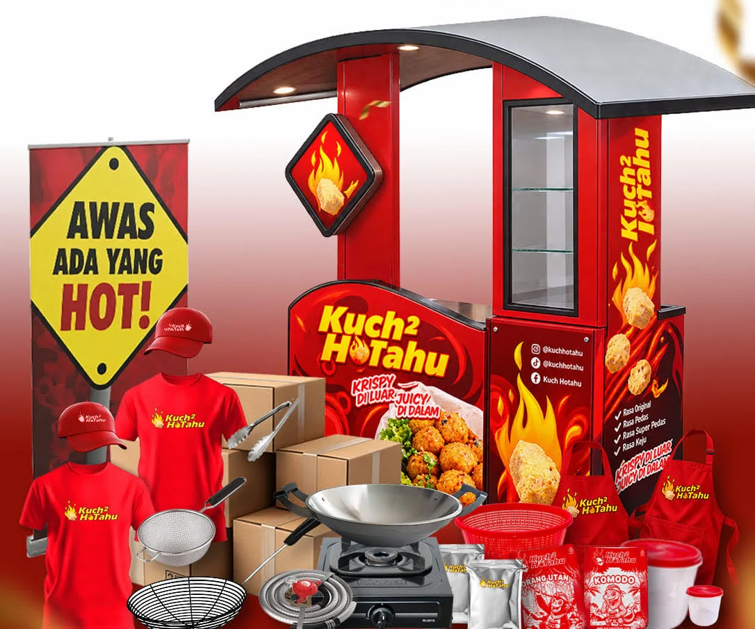 Isi Paket Reguler Kuch2hotahu: booth Reguler, roll banner Awas Ada yang Hot, kaos, topi, apron, kompor, wajan, peralatan dan bahan