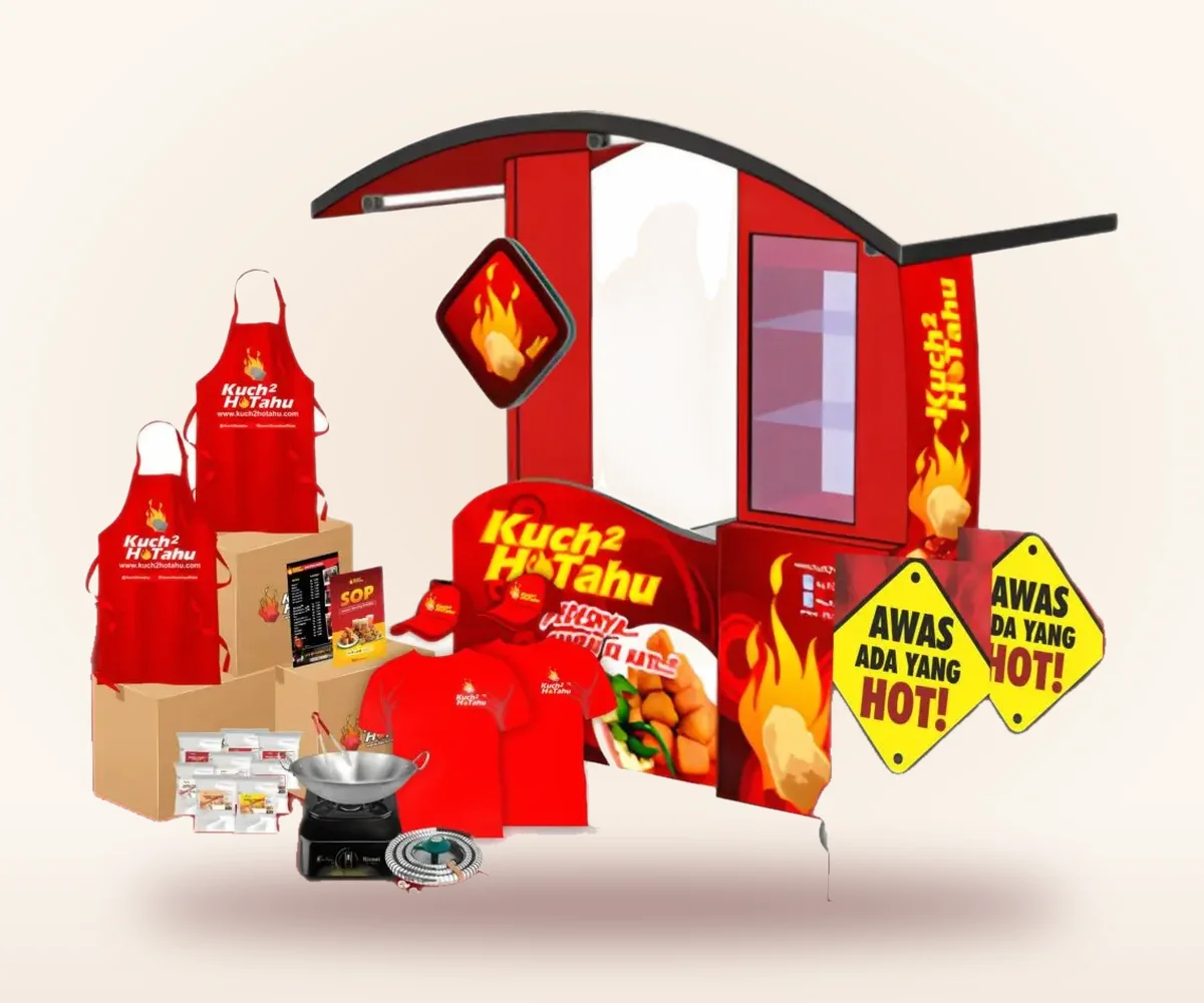 Isi Paket Reguler Kuch2hotahu: booth Reguler, apron, kaos, topi, kompor, wajan, bahan dan banner Awas Ada yang Hot